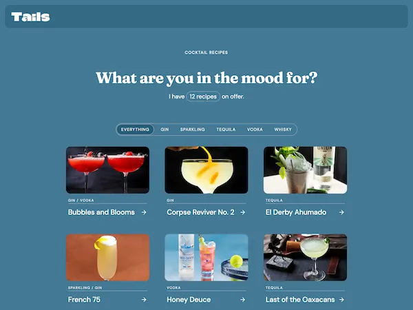 Screenshot of the homepage of Tails, my personal cocktail library